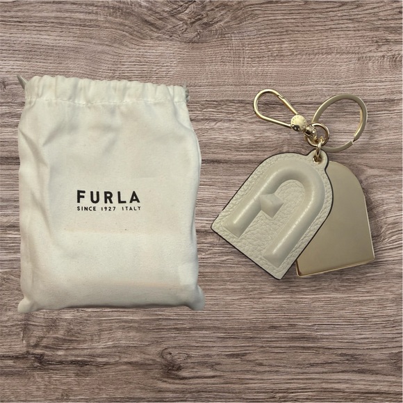 Furla Accessories - Furla Leather Logo Keychain in Cream with Gold Hardware